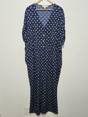 MICHAEL Michael Kors Womens Blue Jersey Jumpsuit Size 3X Crest Buttons Stretch